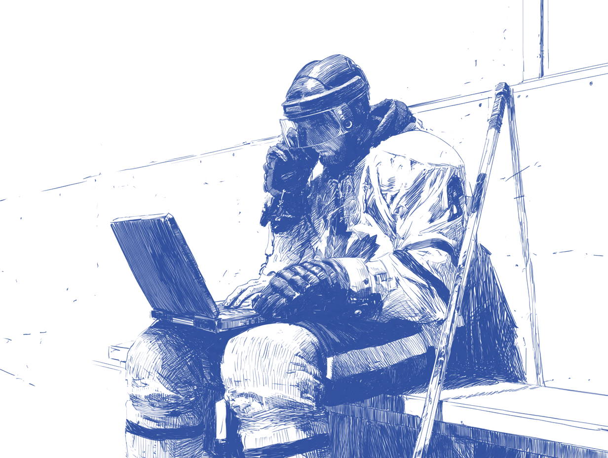 Ink drawing of a hockey player in full gear on the phone, typing on a laptop in the locker room