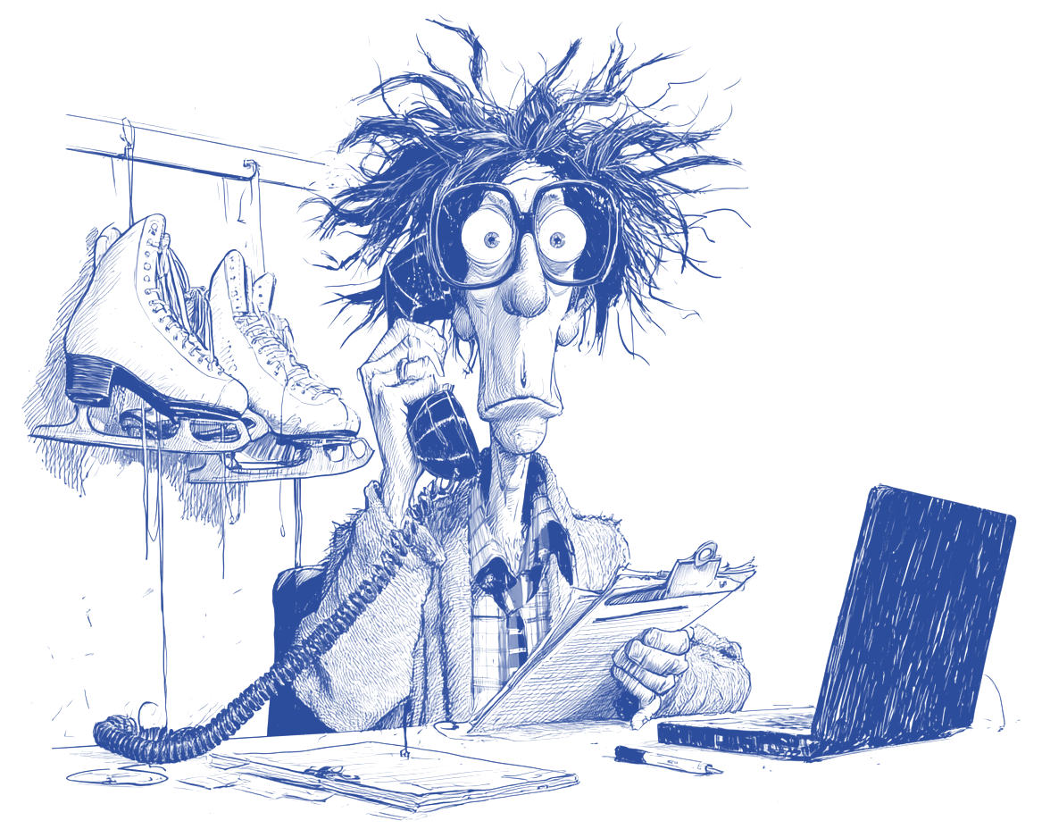 Ink drawing of a frazzled front desk attendant juggling a phone, clipboard and laptop