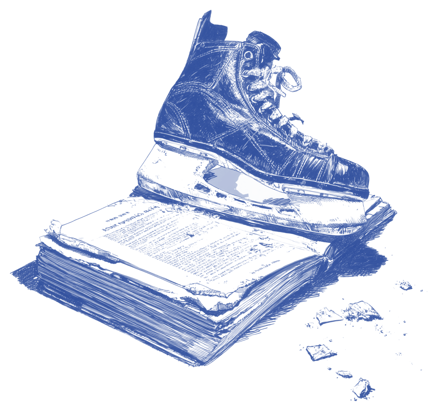 Ink drawing of a hockey skate resting on a worn rule book on the ice