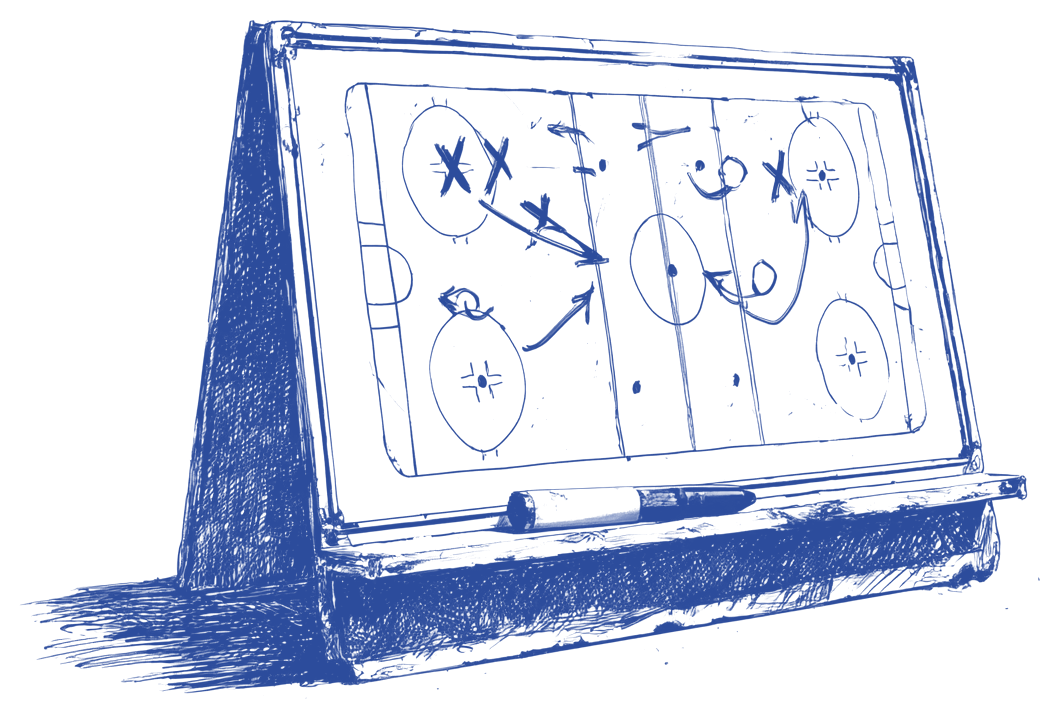 Ink drawing of a coach's dry erase board on the ice with a game plan of X's and O's