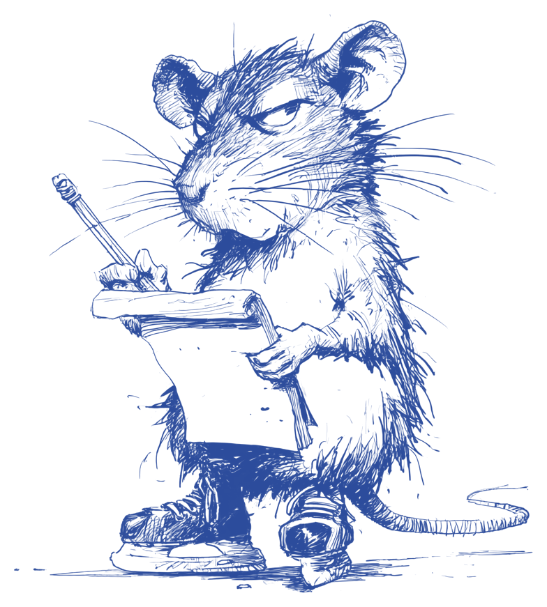Ink drawing of a rat in hockey skates grading the ice on a notepad